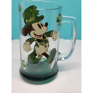 Disney Mickey Green Shamrock Clear Glass Stein Mug St. Patrick's Day Vintage